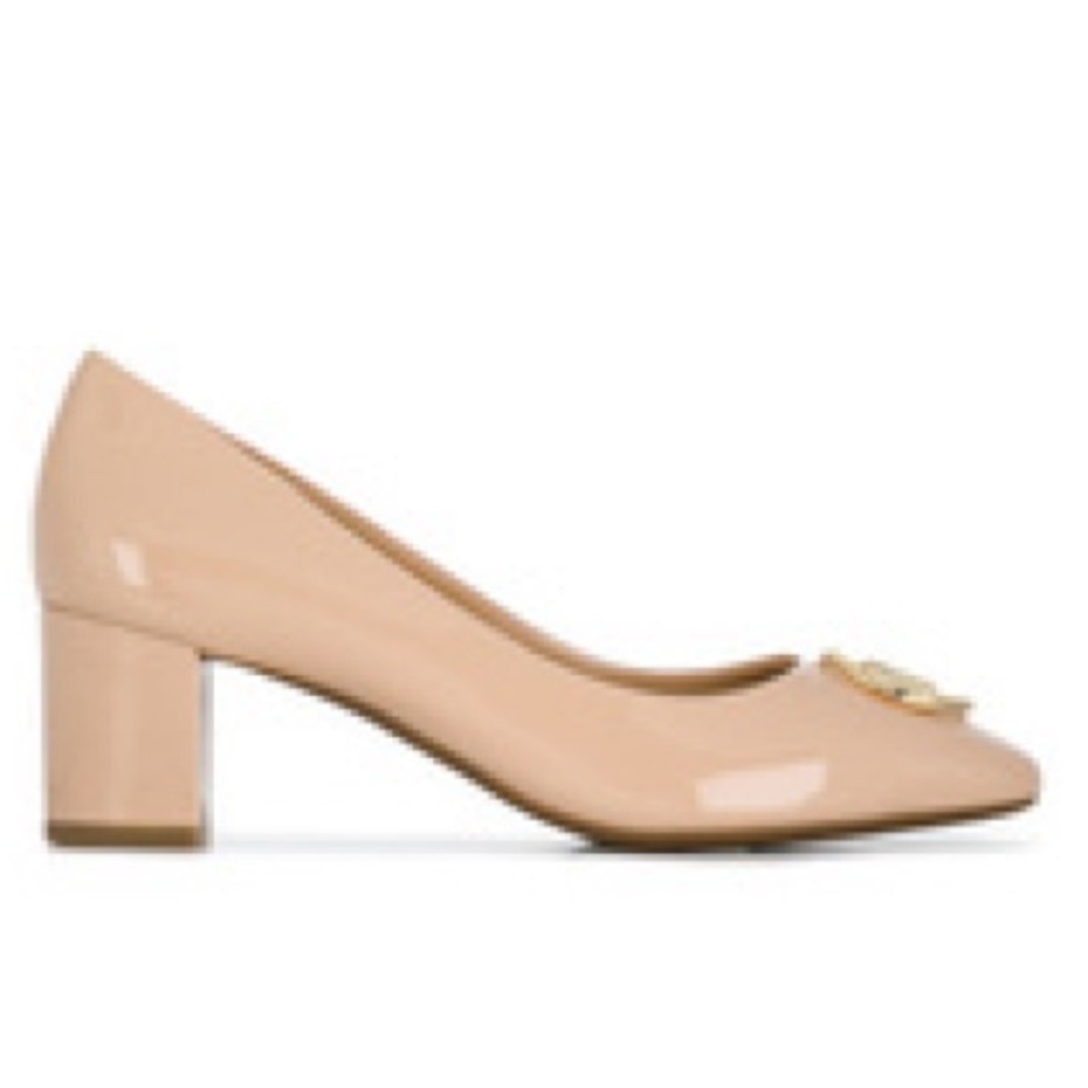 Michael Kors heeled beige nude glossy leather pumps chunky heel square toe 11W